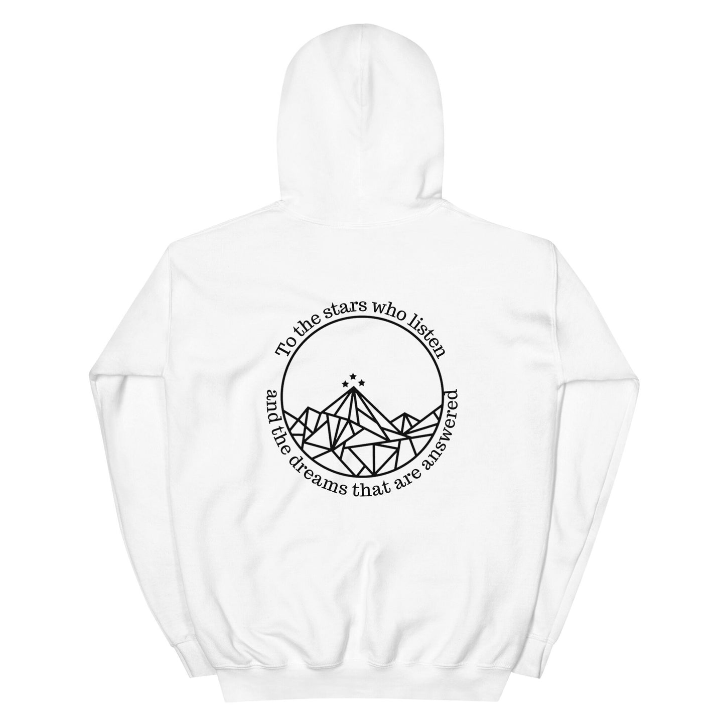 ACOTAR ACOSF White Hoodie Back image To the Stars quote with Night Court Mountains image
