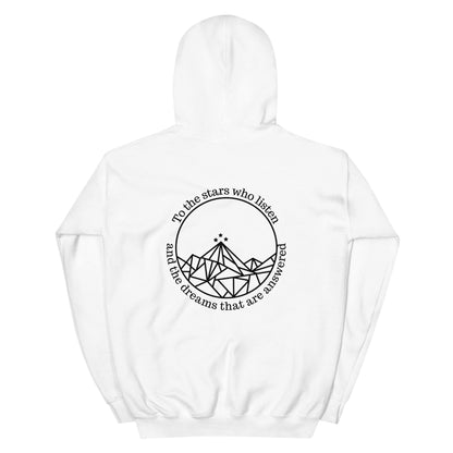 ACOTAR ACOSF White Hoodie Back image To the Stars quote with Night Court Mountains image