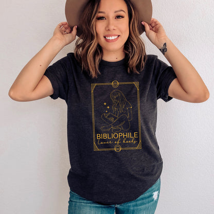 Bibliophile Tarot Card Dark Grey Heather Shirt Ink and Stories