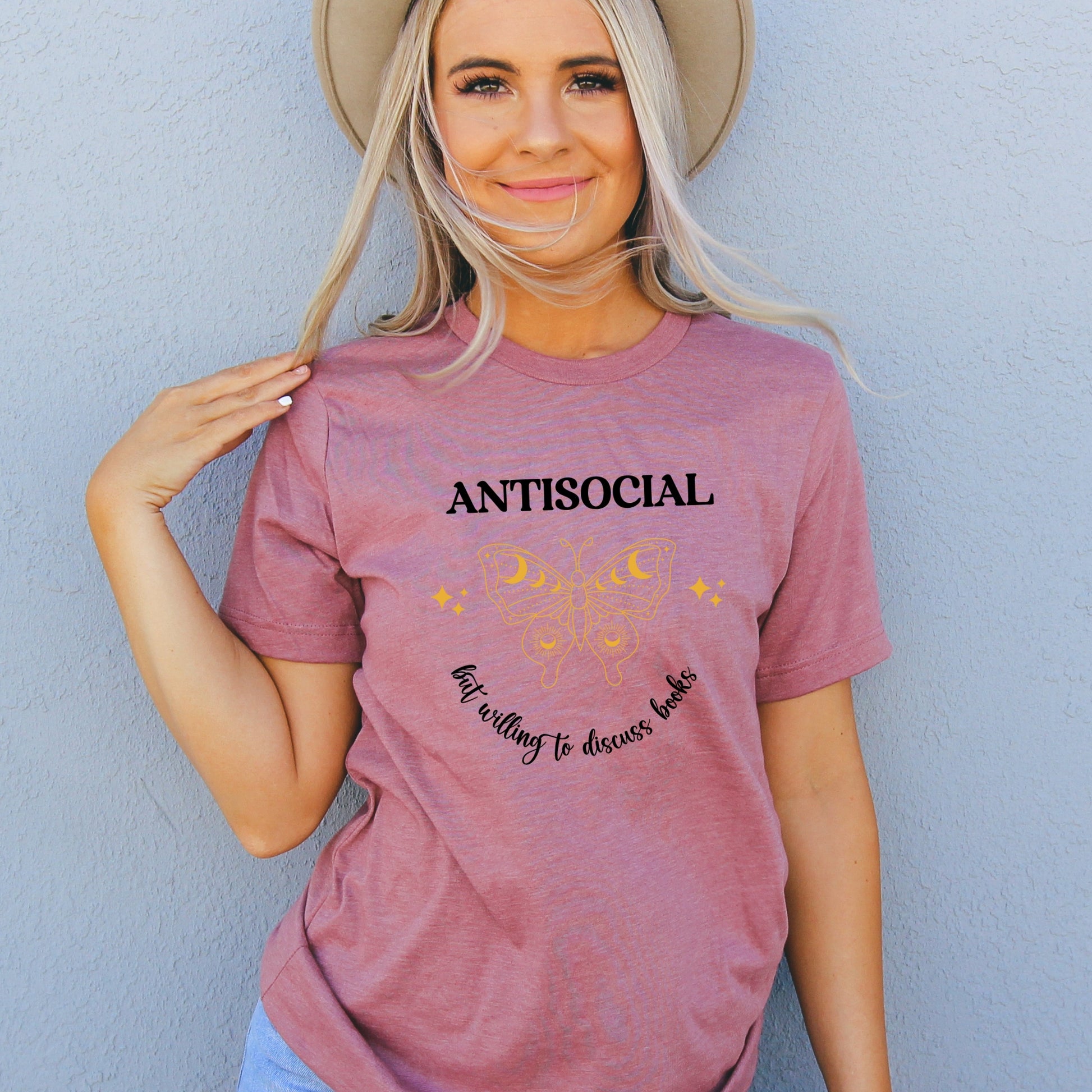 Antisocial Butterfly Heather Mauve Shirt Ink and Stories