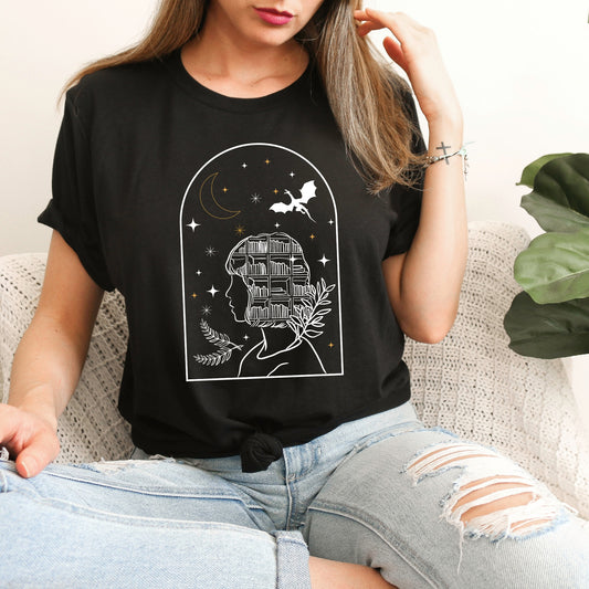 Bookish Fantasy Girl Black Shirt Ink and Stories