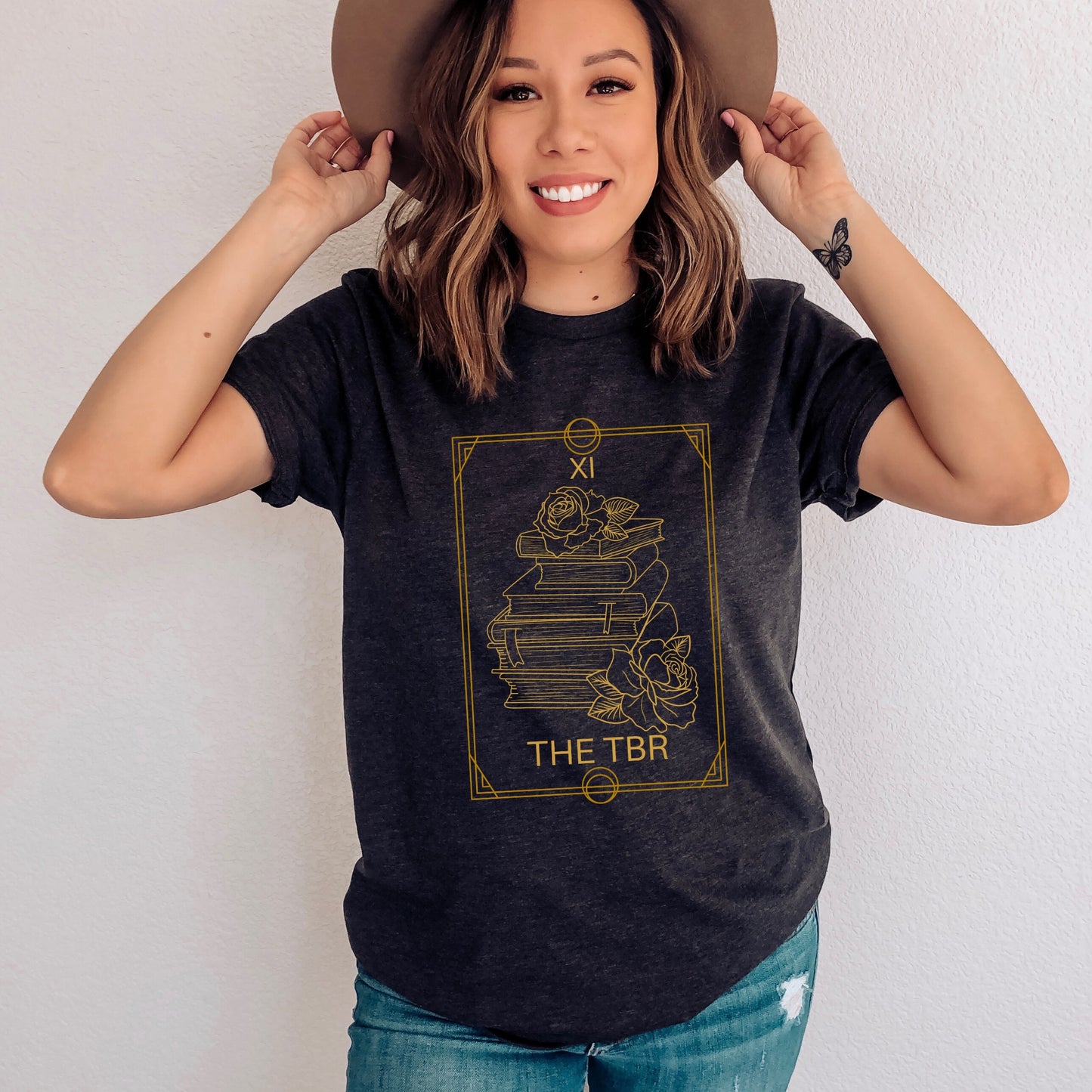 The TBR Tarot Card Bookish Dark Grey Heather Shirt Ink and Stories