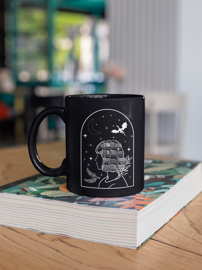 Bookish Fantasy Girl Black Mug Mockup with book | Booklover Gift