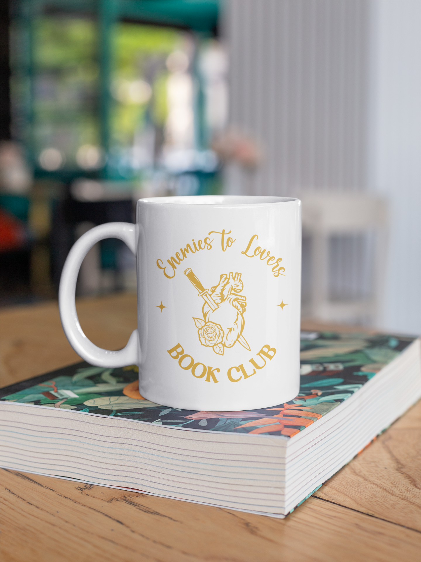 Enemies to Lovers Book Club Mug mockup of mug on book stack| Booklover Gift