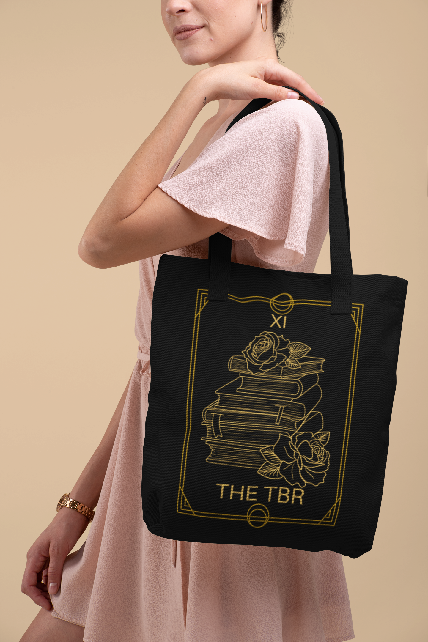 Woman in pink wearing The TBR Tarot card Bookish Tote Bag