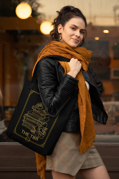 Woman in scarf wearing The TBR Tarot card Bookish Tote Bag